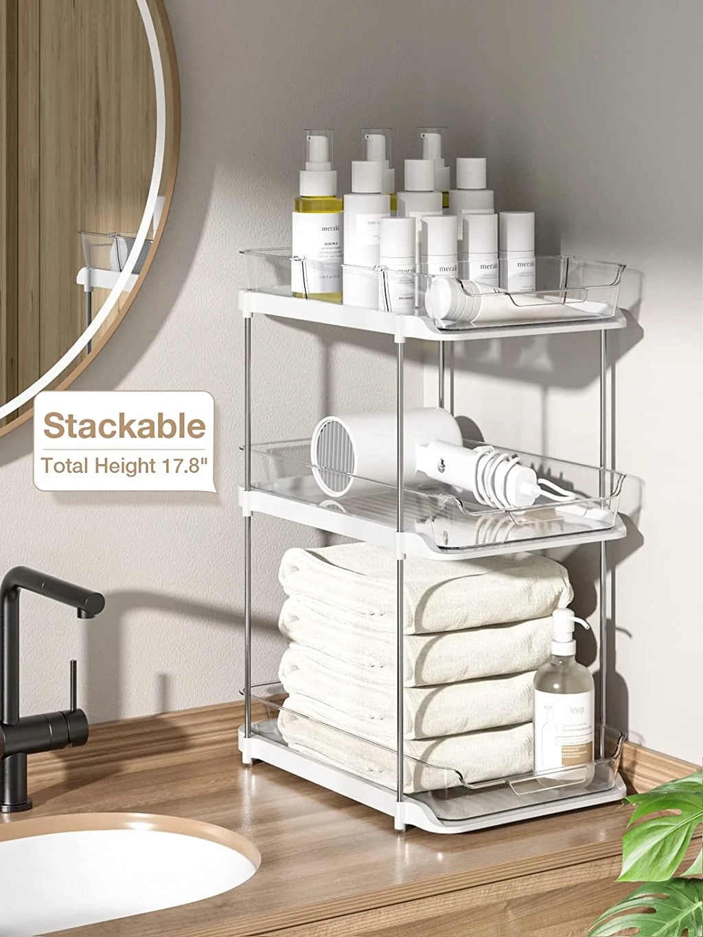 2 Pack Set under Sink Organizers and Storage, 2 Tier Sliding Bathroom Sink Organizer, Multi-Use under Kitchen Cabinet Storage Shelf (S&L), Transparent