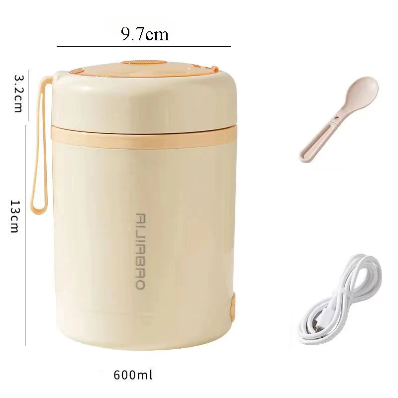 600ML Portable USB Electric Heating Lunch Box Stainless Steel Food Warmer with Drink Function for Picnics Food Heater
